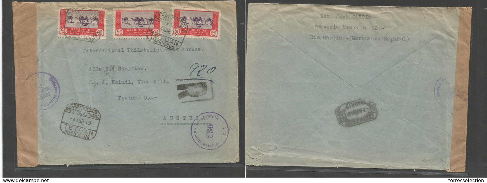 MARRUECOS. 1949 (4 Apr) Tetuan - Austria, Wien. Sobre Certificado Franqueo Multiple Tarifa 1,50 Pts Censura Aliada A La  - Morocco (1956-...)