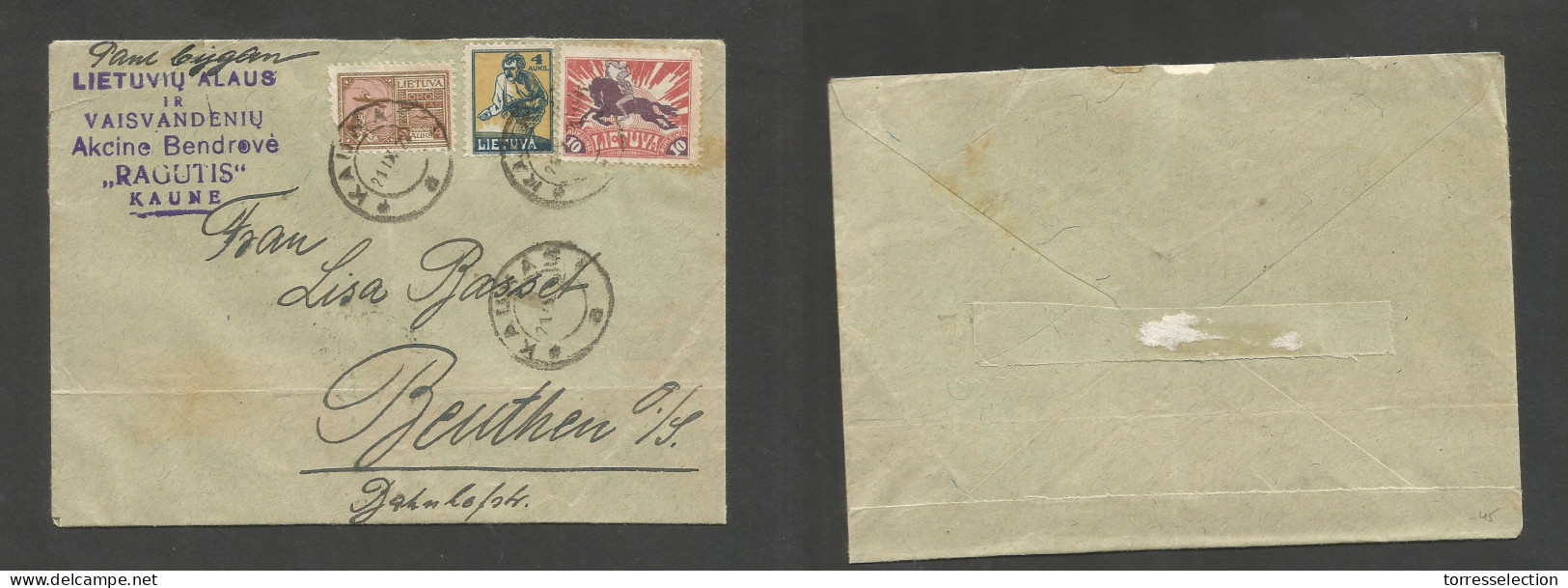 LITHUANIA. 1922 (21 Sept) Kaunas - Benthen, Germany. Multifkd Tricolor Usage. Fine Envelope. SALE. - Lituanie