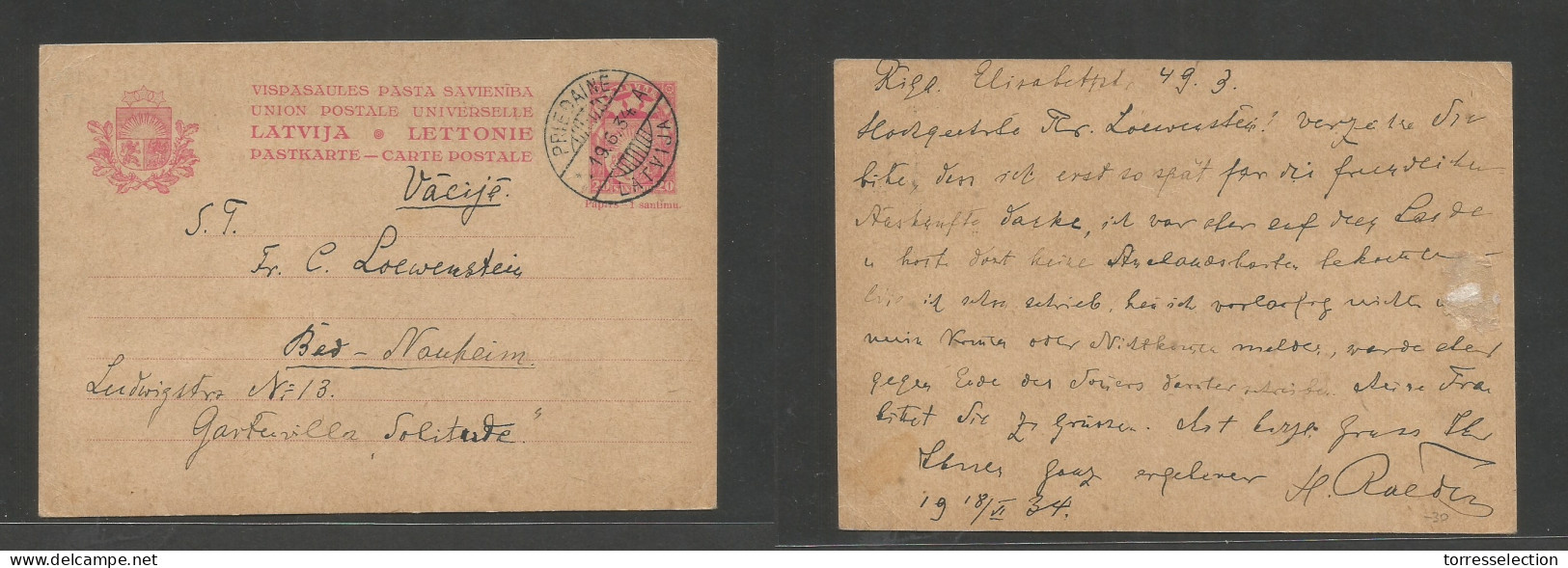 LATVIA. 1934 (19 June) Priedaine - Bed Nouheim. 20s Rose Stat Card. VF Used. SALE. - Latvia