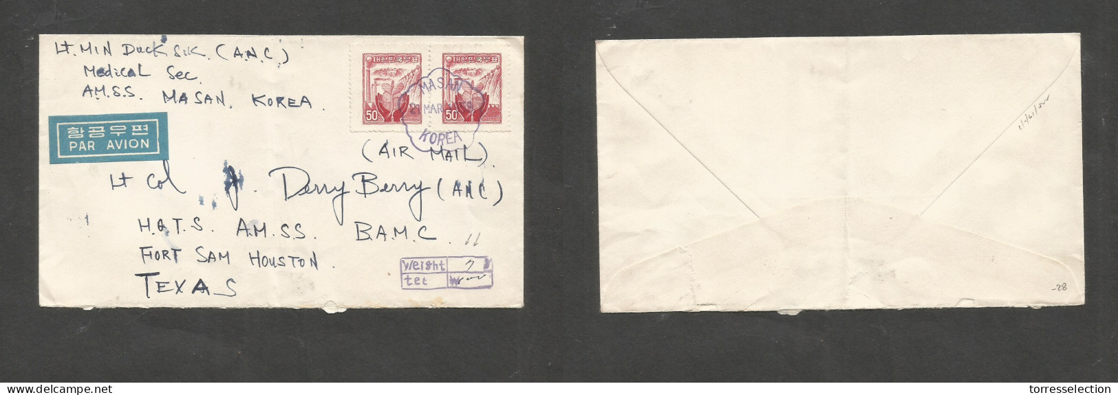 KOREA. 1959 (21 March) Masan - USA, TX, Fort Sam, Houston. ANC Medical Section. Air Multifkd Envelope, Aux "Weight" Cach - Korea (...-1945)
