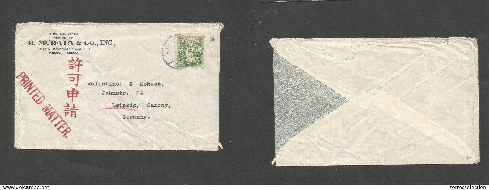 JAPAN. C. 1920s. Osaka - Germany, Leipzig. Comercial Fkd Pm Envelope 2 Sen Green Tied Cds + Red Aux Cachets. Fine. SALE. - Andere & Zonder Classificatie
