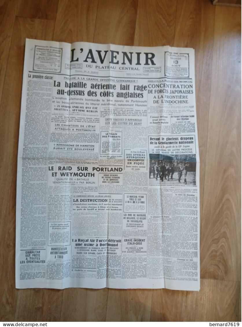 Journal - L'avenir Du Plateau Central -13 Aout 1940 -  La Bataille Aerienne Au Dessus Des Cotes Anglaises -  Indochine - Otros & Sin Clasificación
