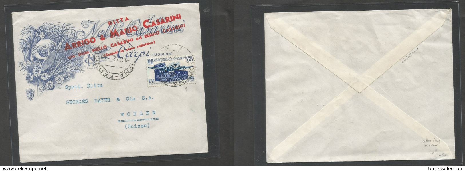 Italy - XX. 1952 (9 Nov) Carpi, Modena - Switzerland, Wohlen. Illustrated Air Fkd Env. Better Stamp. Conferenze On Cover - Non Classificati