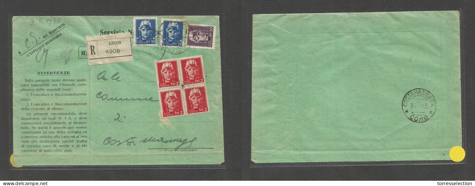 Italy - XX. 1945 (July) Lecco - Costa Masnaga (30 July) Registered Official Multifkd Env Incl 2l Block Of Four. SALE. - Non Classificati