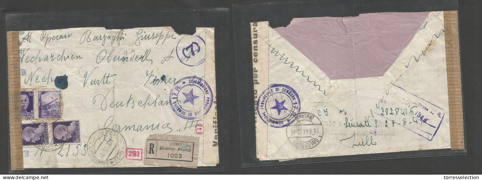 Italy - XX. 1944 (13 March) Como - Germany, Nechar. Registered Mail Censored Multifkd Env. SALE. - Sin Clasificación