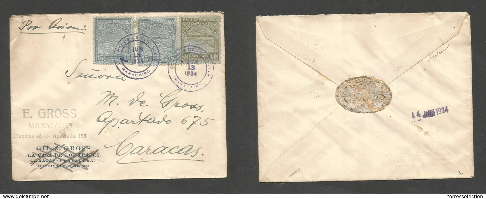 VENEZUELA. 1934 (13 June) Maracaibo - Caracas (14 June) Internal Airmail Multifkd Envelope At 70c Rate. Scarce. SALE. - Venezuela