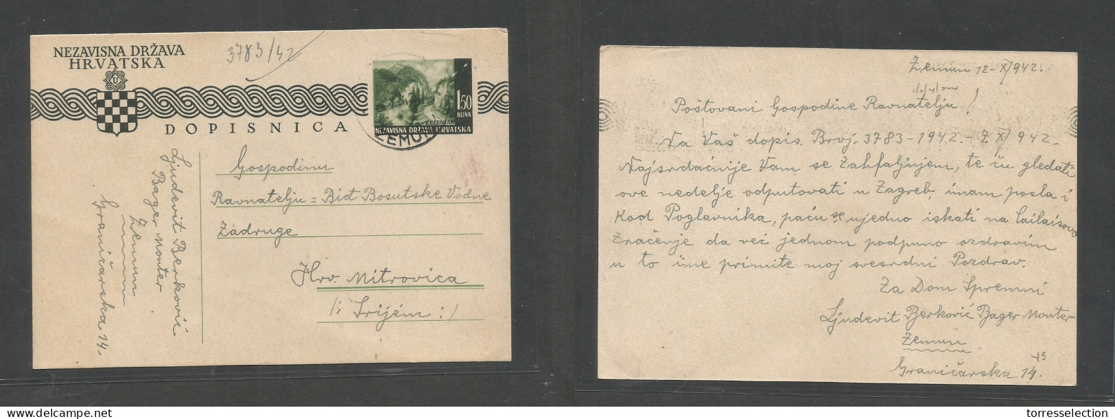 YUGOSLAVIA. 1942 (12 Oct) Zemun - Mitrovica. 1,50k Green Illustr Stat Card, Cds. SALE. - Other & Unclassified