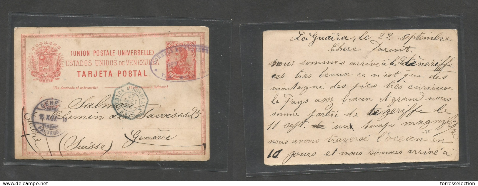 VENEZUELA. 1897 (22 Sept) La Guayra - Switzerland, Geneve (16 Oct) Via French Pqbt. Colon. C Red Stat Card, Oval Blue Ca - Venezuela
