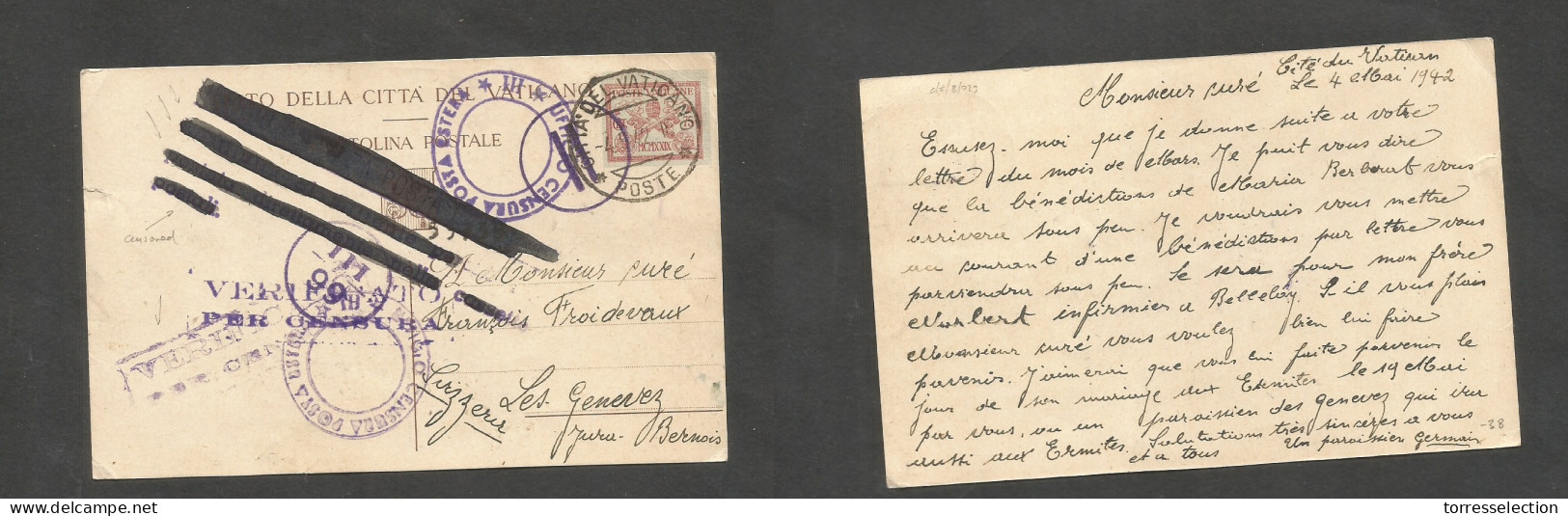 VATICAN. 1942 (4 May) Citta - Switzerland, Les Gernevez 75g Stationary Card. WWII Censored + Crossed Out Censored Cachet - Sonstige & Ohne Zuordnung