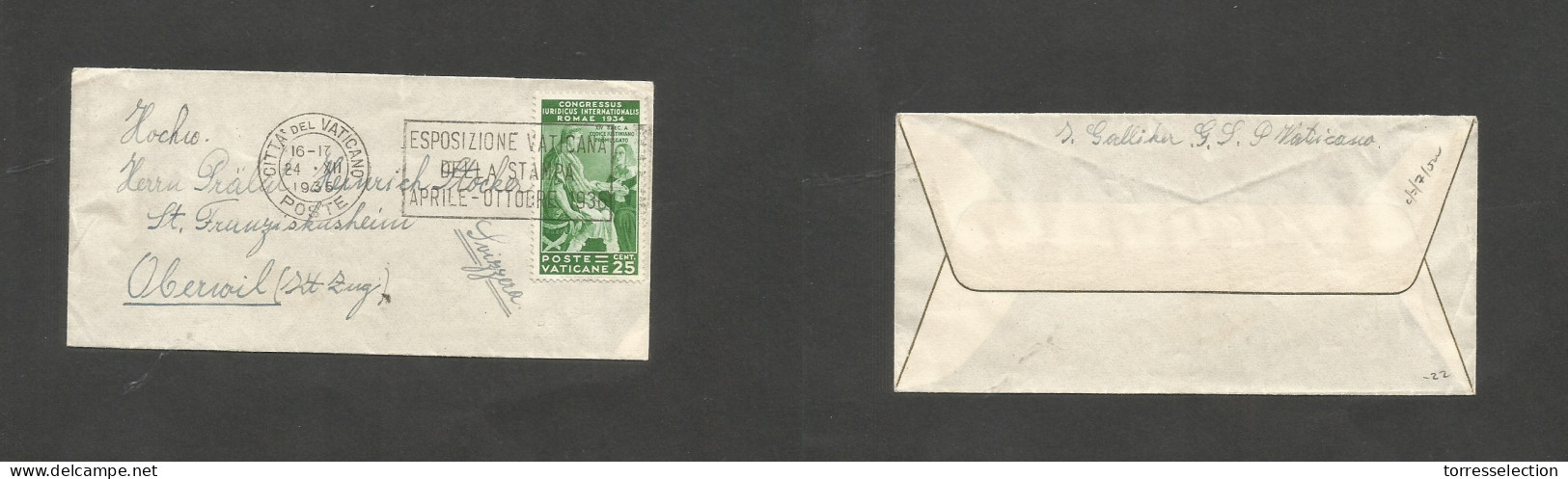 VATICAN. 1935 (24 Dec) Citta - Switzerland, Oberusl. Small Unsealed Sny C.25 Green Fkd Env, 8 Slogan Cachet. XF. SALE. - Andere & Zonder Classificatie