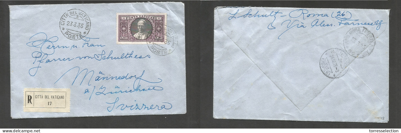 VATICAN. 1935 (23 March) Citta - Switzerland, Mannedorf (24 March) Registered Single 2,75 Lire Fkd Envelope, Cds + R-lab - Sonstige & Ohne Zuordnung
