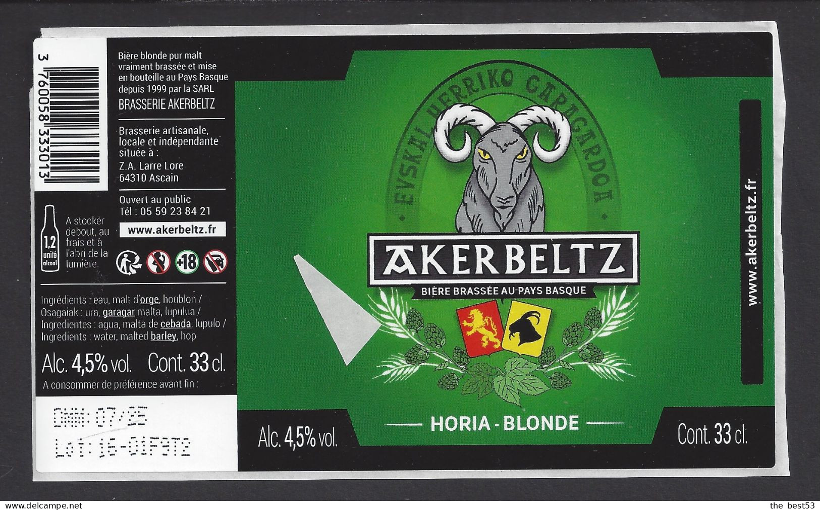 Etiquette De Bière Blonde  -  Brasserie  Akerbeltz  à  Ascain   (64) - Birra
