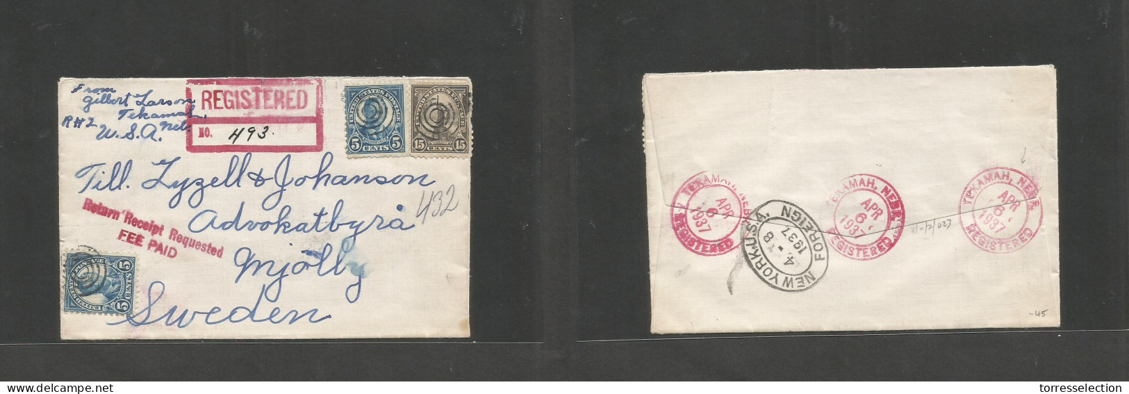 USA - XX. 1937 (6 April) Tekamah, Nebraska - Sweden, Mjolley Via NYC. Registered Multifkd Envelope At 25c Rate + "return - Sonstige & Ohne Zuordnung