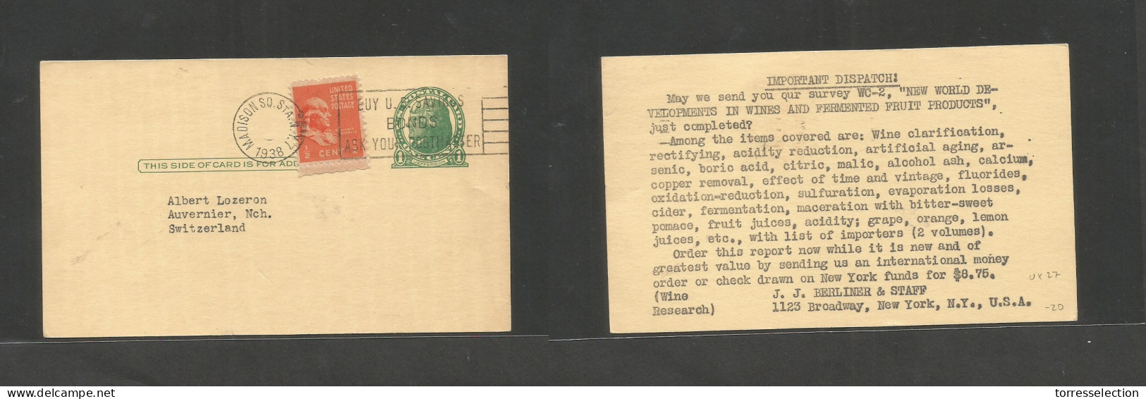 USA - Stationery. 1938. Madison SQ, NY - Switzerland, Auvernier, Nch. 1c Green Stat Card + 1/2c Orange Adtl, Rolling Cac - Altri & Non Classificati