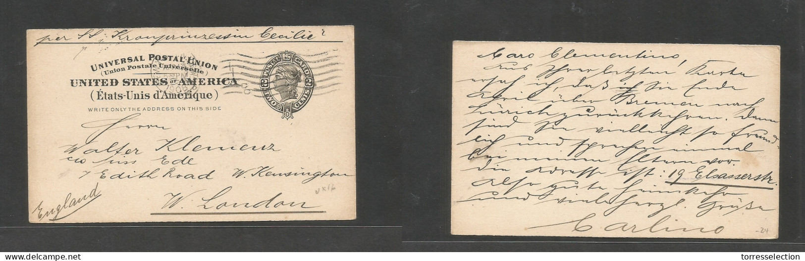 USA - Stationery. 1908 (13 Apr) NY - England, West London. 2c Black Stat Card. Endorsed Per "SS Kropizessim Cecilie" Ux1 - Other & Unclassified