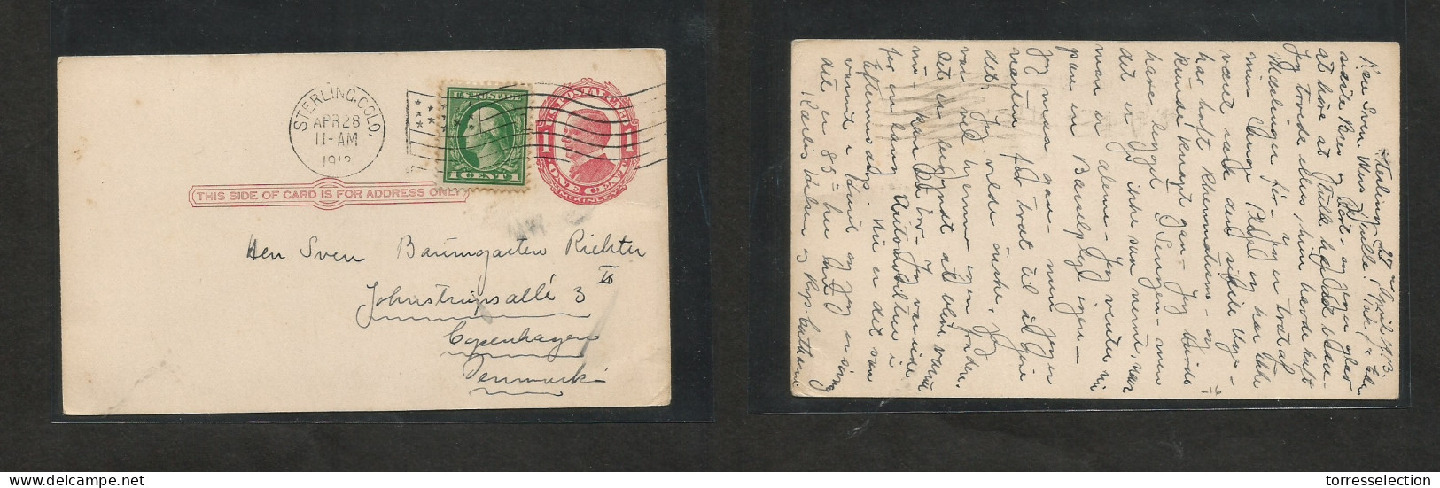 USA - Stationery. 1913 (27 Apr) Sterling, CO - Denmark, Cph. 1c Red Stat Card + Adtl, Tied Rolling Cachet. VF. SALE. - Andere & Zonder Classificatie