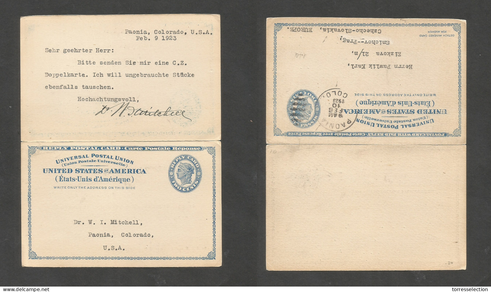 USA - Stationery. 1923 (10 Febr) Paonia, CO - Czechoslovakia, Smichor. Doble 2c Blue Stat Card, Used On Way Out. Fine +  - Sonstige & Ohne Zuordnung