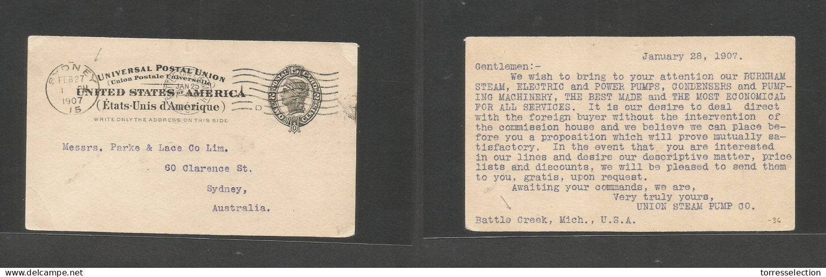 USA - Stationery. 1907 (25 Jan) Rattle Creek, Mich - Australia, Sydney (27 Febr) 2c Black Stat Card. Fine Used + Dest. S - Altri & Non Classificati