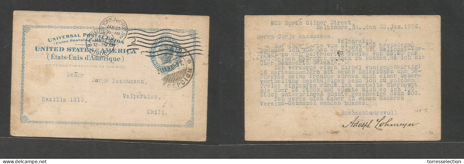 USA - Stationery. 1906 (22 Jan) Baltimore, Md - Chile, Valparaiso (24 Feb) Via NY. 2c Blue Stat Card. Fine Used Better D - Autres & Non Classés