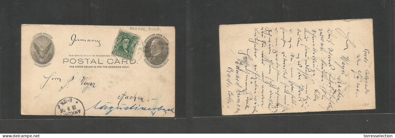 USA - Stationery. 1906 (March) Greece, CO - Aachen, Germany (13 March) 1c Black McKinley Stat Card + 1c Green Adtl, Cds  - Andere & Zonder Classificatie