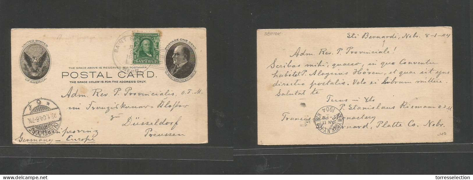 USA - Stationery. 1904 (Jan 9) St. Bernardi, Nebraska - Germany, Dusseldorf (23 Jan) 1c Black McKinley Stat Card + 1c Ad - Sonstige & Ohne Zuordnung