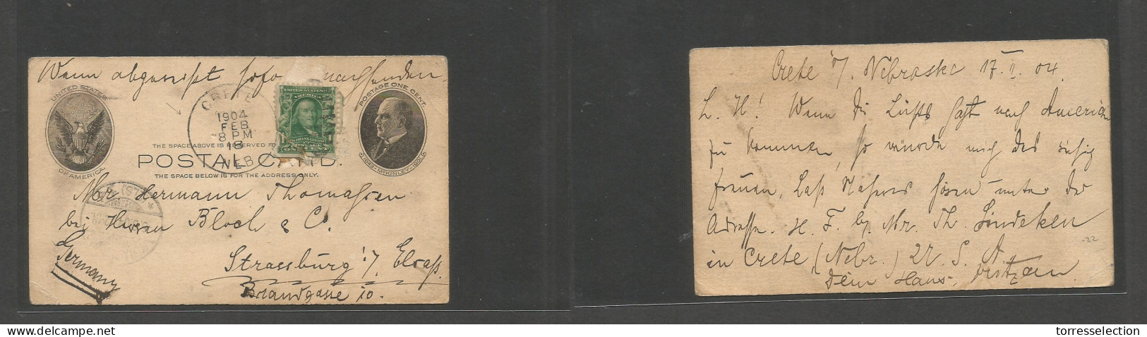 USA - Stationery. 1904 (18 Febr) Crete, Nebraska - Strassburg, Germany, Alsace (5 March) 1c Black Stat Env + 1c Green Ad - Sonstige & Ohne Zuordnung