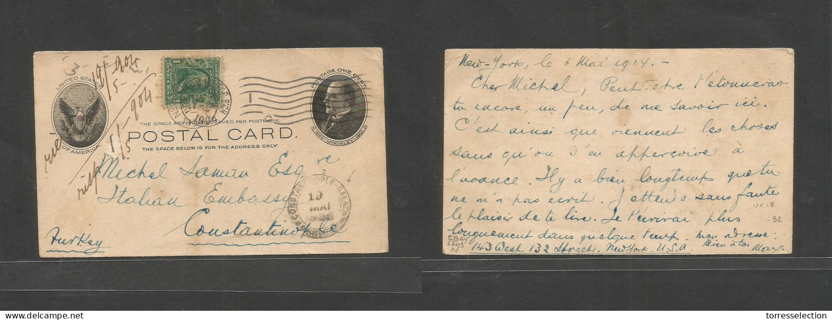 USA - Stationery. 1904 (6 May) NY - Turkey, Constantinople (19 May) 1c Black Stat Card Mc Kimbley + 1c Green Adtl, Tied  - Autres & Non Classés