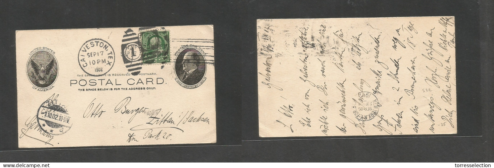 USA - Stationery. 1902 (17 Sept) Galveztown, Tex - USA, Zittan (1 Oct) 1c Black Stt Card. Mc Kingley + 1c Green Adtl Sma - Autres & Non Classés