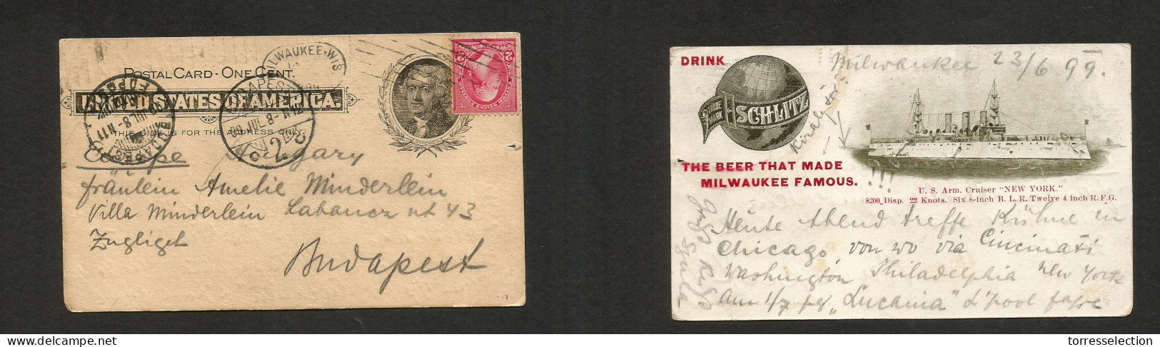 USA - Stationery. 1899 (23 June) Wilwaukee, Wis - Hungary, Budapest (8 July) 1c Black Jeffern Illustrated "drink Beer" U - Other & Unclassified