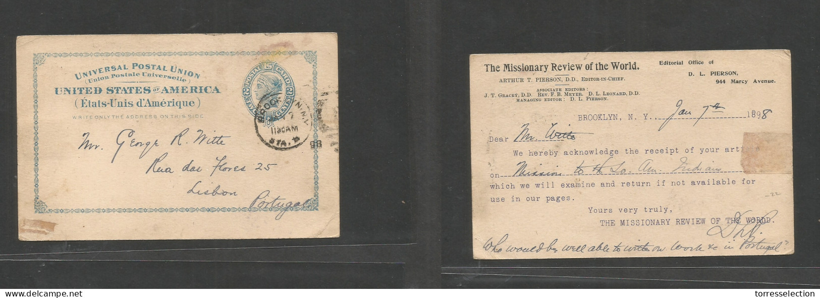 USA - Stationery. 1898 (7 Jan) Brooklyn - Portugal, Lisbon. 2c Blue Stat Card, Pre-printed Business Reverse. Fine Used + - Otros & Sin Clasificación