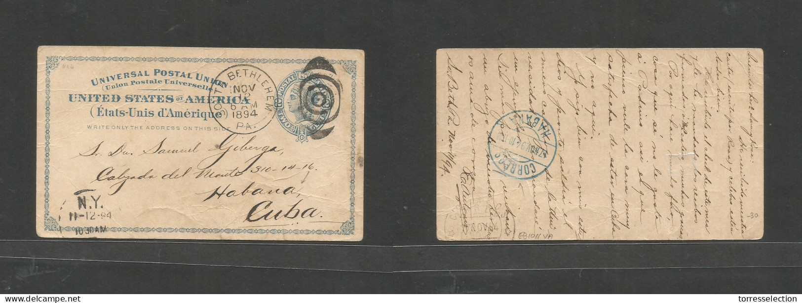 USA - Stationery. 1894 (12 Nov) South Bethelehem, PA - Cuba, Habana (17 Nov) 2c Blue Stat Card Via NY. VF Used + Dest. S - Andere & Zonder Classificatie