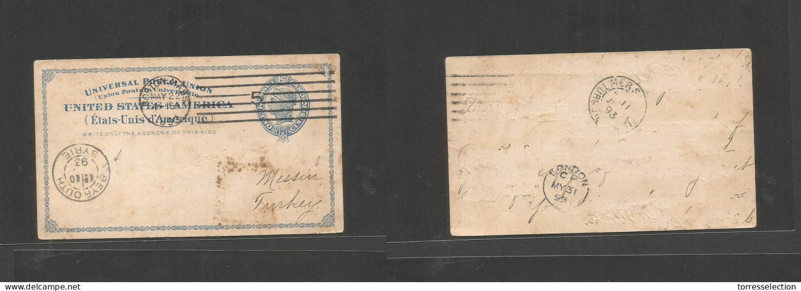 USA - Stationery. 1893 (22 May) Boston, Mass - Turkey, Mersina (11 June) Via Beyrouth, Lebanon (10 June) 2c Blue Stat Ca - Autres & Non Classés