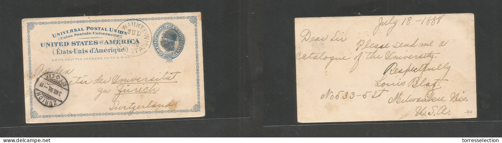 USA - Stationery. 1888 (18 July) Milwaukee, Wis - Switzerland, Zurich (3 Aug) 2c Blue Stat Card. Fine Used. German Origi - Otros & Sin Clasificación