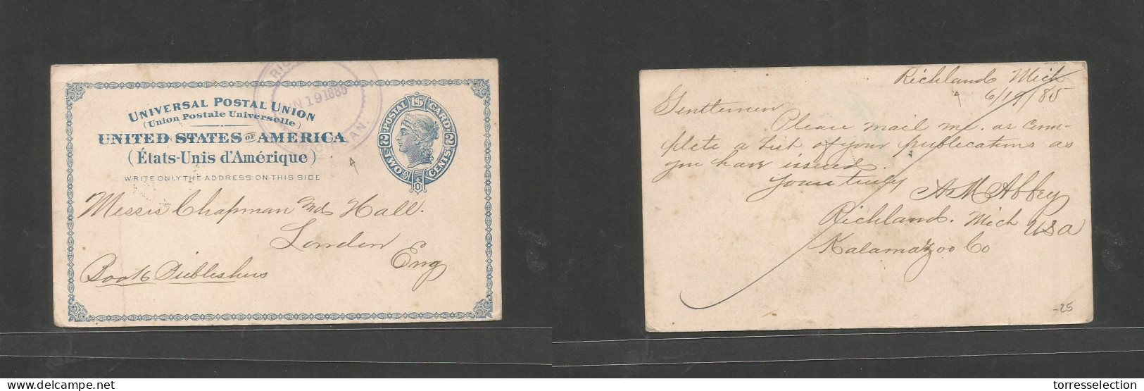 USA - Stationery. 1885 (June 19) Richland, Mich - London, England. 2c Blue Stat Card, With Violet Oval Cds Cachet. Scarc - Autres & Non Classés