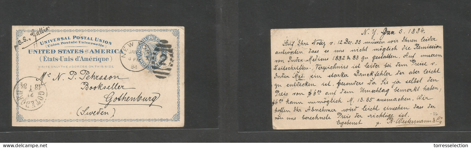 USA - Stationery. 1884 (5 Jan) NY - Sweden, Gothenburg. "SS Gallia" 2c Blue Stat Card. VF Used + Ships Name. SALE. - Autres & Non Classés