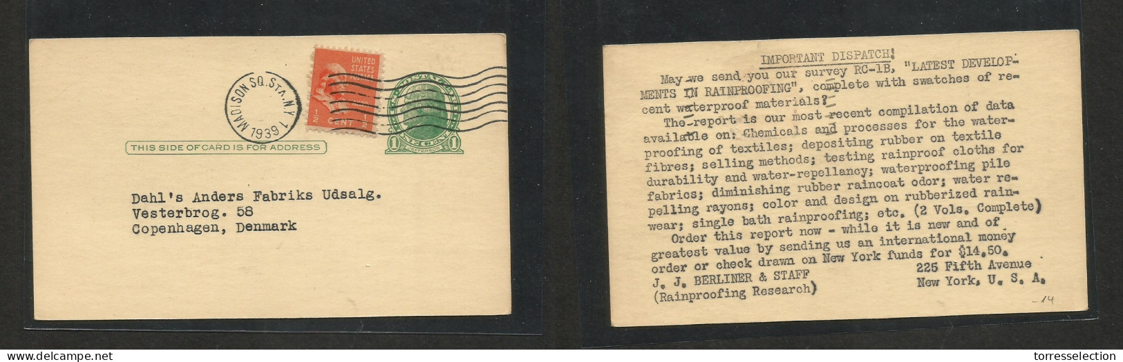USA - Prexies. 1939. NYC - Denmark, Cph. 1c Green Stat Card + 1/2c Orange Adtl, Tied Rolling Cachet. XF. SALE. - Sonstige & Ohne Zuordnung