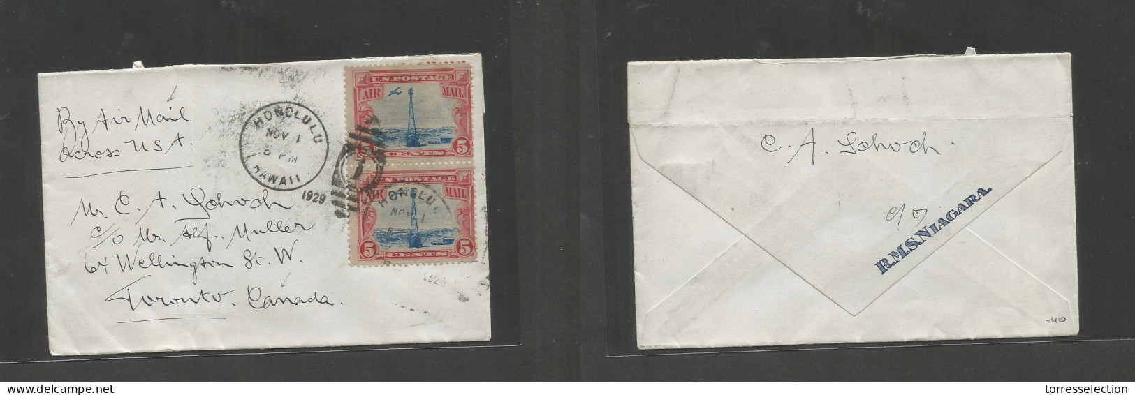 USA - HAWAII. 1929 (Nov 1) Honolulu - Canada, Toronto. Air Multifkd Envelope At 10c "Via US Continent" Endorsed. Fine. S - Sonstige & Ohne Zuordnung