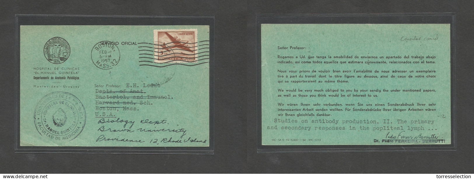 URUGUAY. 1957. Montevideo - USA, Boston. Official Fkd Mail Card, Depart Cachet + Boston Machine Fwded (Feb 12) SALE. - Uruguay