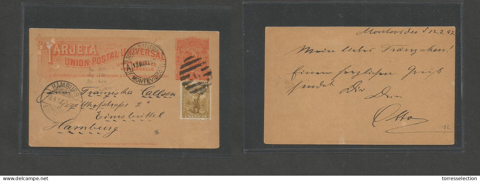 URUGUAY. 1897 (12 March) Montevideo - Germany, Hamburg (3 Apr) 2c Red Stat Card + Adtl "G" Grill + Maritima. Fine Used.  - Uruguay