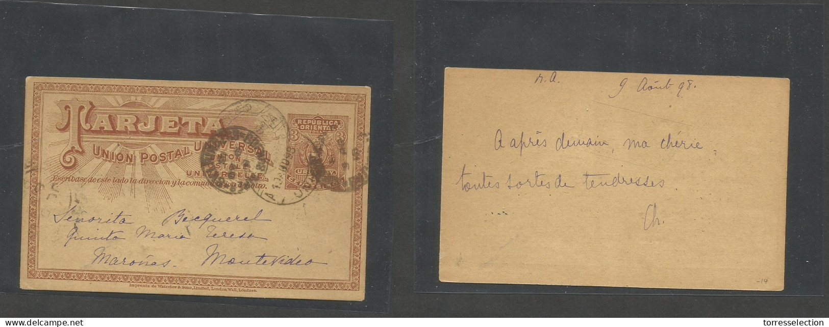 URUGUAY. 1898 (9 Aug) Union - Montevideo, Maroñas. 3c Brown Illustr Stat Card Transited Internally. SALE. - Uruguay