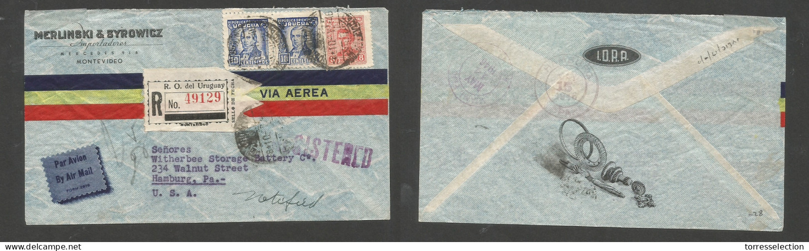URUGUAY. 1948 (10 May) Mont - USA, PA, Hamburg (14-15 May) Registered Air Multifkd Color Comercial Illustrated Envelope  - Uruguay