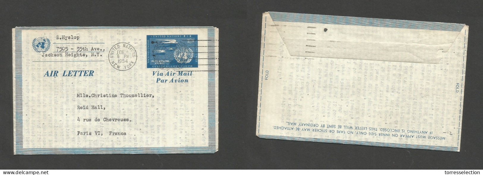 UNITED NATIONS. 1954 (6 Feb) NY - France, Paris. 10c Blue Airletter Sheet Stationary. Fine Used. SALE. - Other & Unclassified