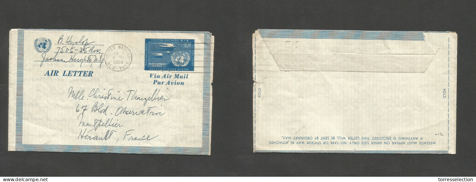 UNITED NATIONS. 1953 (7 July) NYC - France, Herault, Montpellier. Used 10c Blue Airletter Sheet Stationary. Full Contain - Other & Unclassified