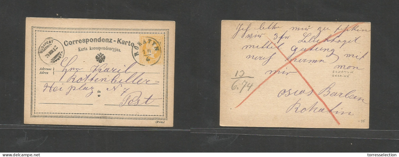 UKRAINE. 1874 (10 June) Austrian PO, Rohatyn - Pest (12 June) Hungary. 2kr Yellow Early Stat Card. Polish Language, Oval - Ukraine