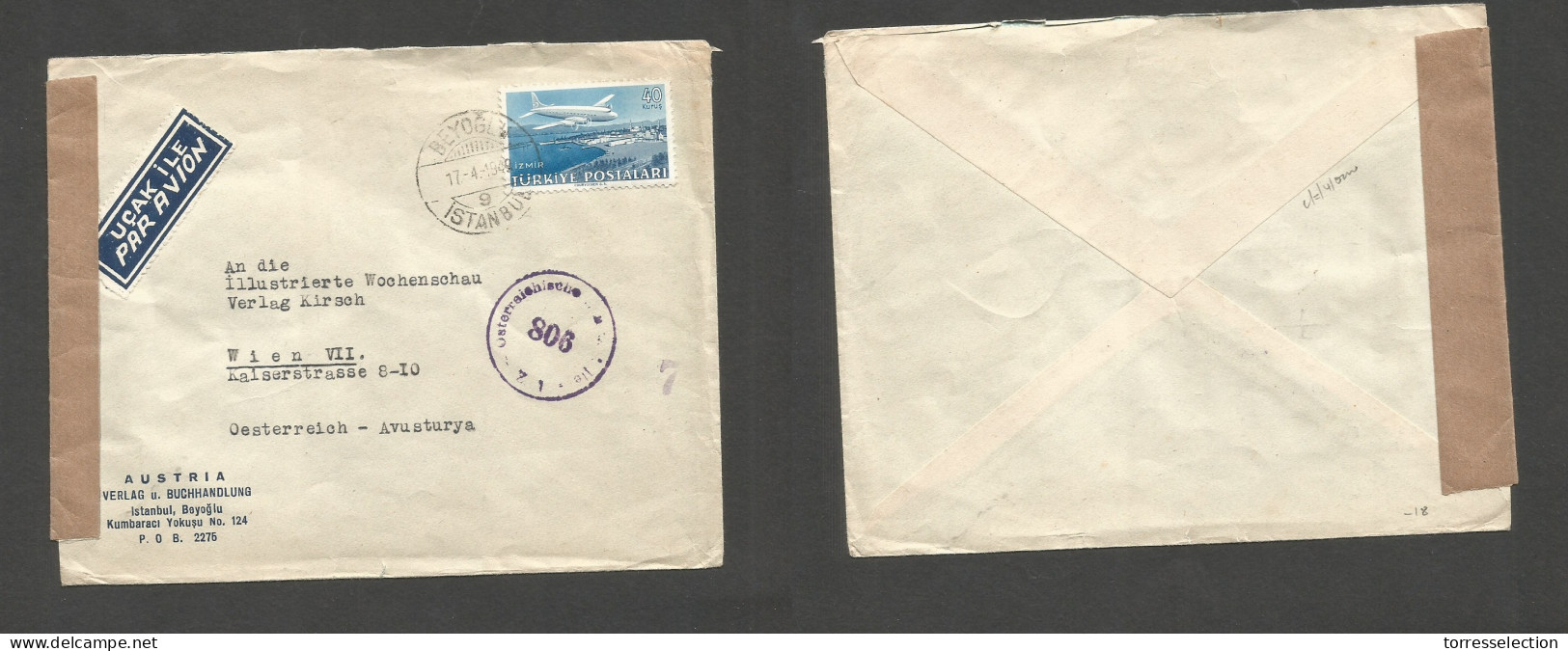 TURKEY. 1949 (17 Apr) Beyoglu - Austria, Wien. Air Single Fkd Censored Arrival Fkd Envelope + Cachet. Fine. SALE. - Sonstige & Ohne Zuordnung