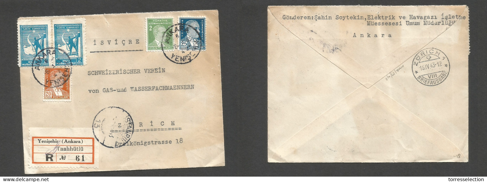TURKEY. 1942 (8 April) Yenisehir - Switzerland, Zurich (16 April) Registered Multifkd Env. SALE. - Autres & Non Classés