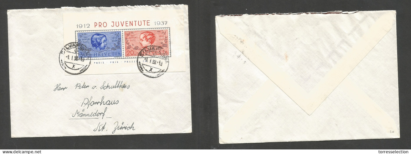 Switzerland - XX. 1938 (1 Jan) Silva Plana - Manedorf Pro Juventude Min Sheet. Fkd On Envelope, Tied Cds. VF. SALE. - Sonstige & Ohne Zuordnung