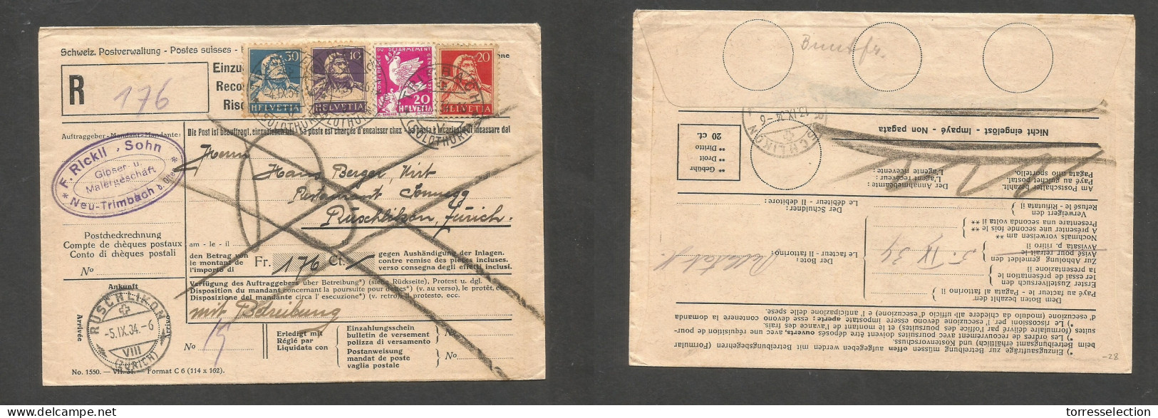Switzerland - XX. 1934 (4 Sept) Teimbach - Ruschlikon (5 Sept) Local Registered PO Official Envelope. Multifkd At 0,80 C - Sonstige & Ohne Zuordnung