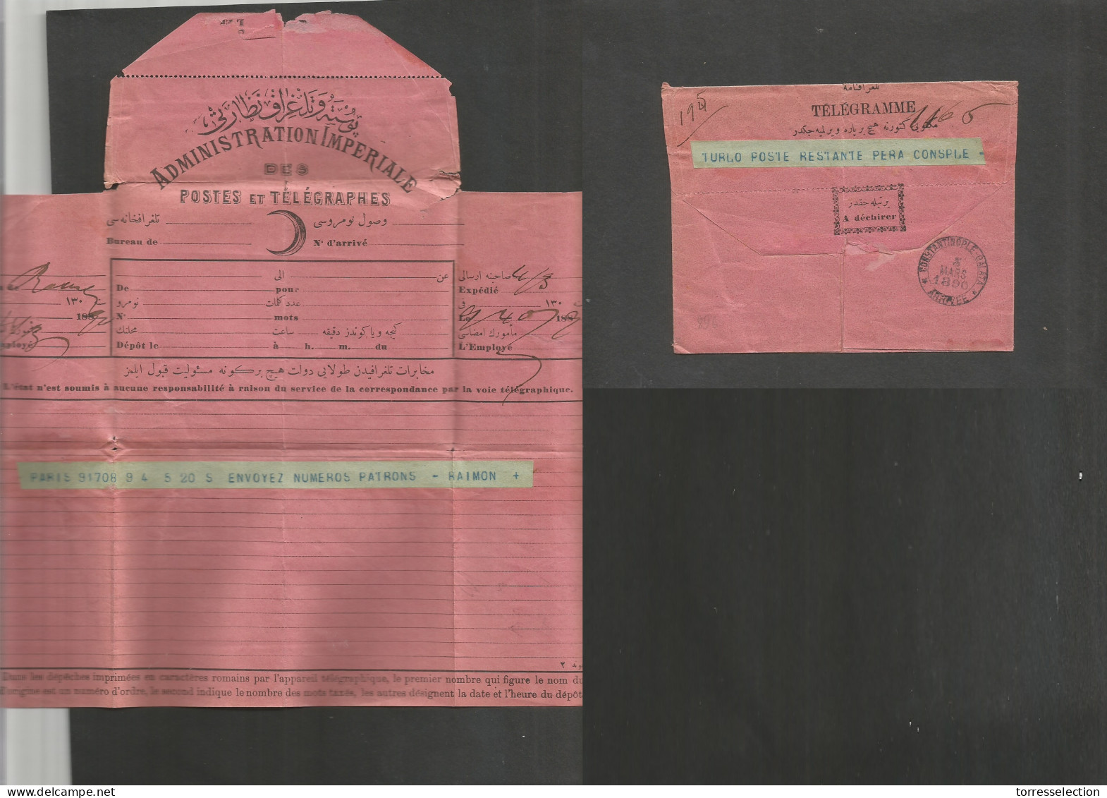 TURKEY. 1890 (5 March) Paris - Constantinople. Local Telegraph Envelope, Circulated Special Form. SALE. - Otros & Sin Clasificación