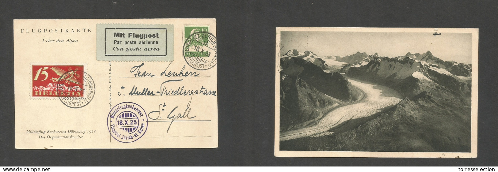 Switzerland - XX. 1925 (18 Oct) Special Air Flight. Zurich - St. Gall (18 Oct) 10c Green Air Stat Card + 15c Adtl. SALE. - Autres & Non Classés